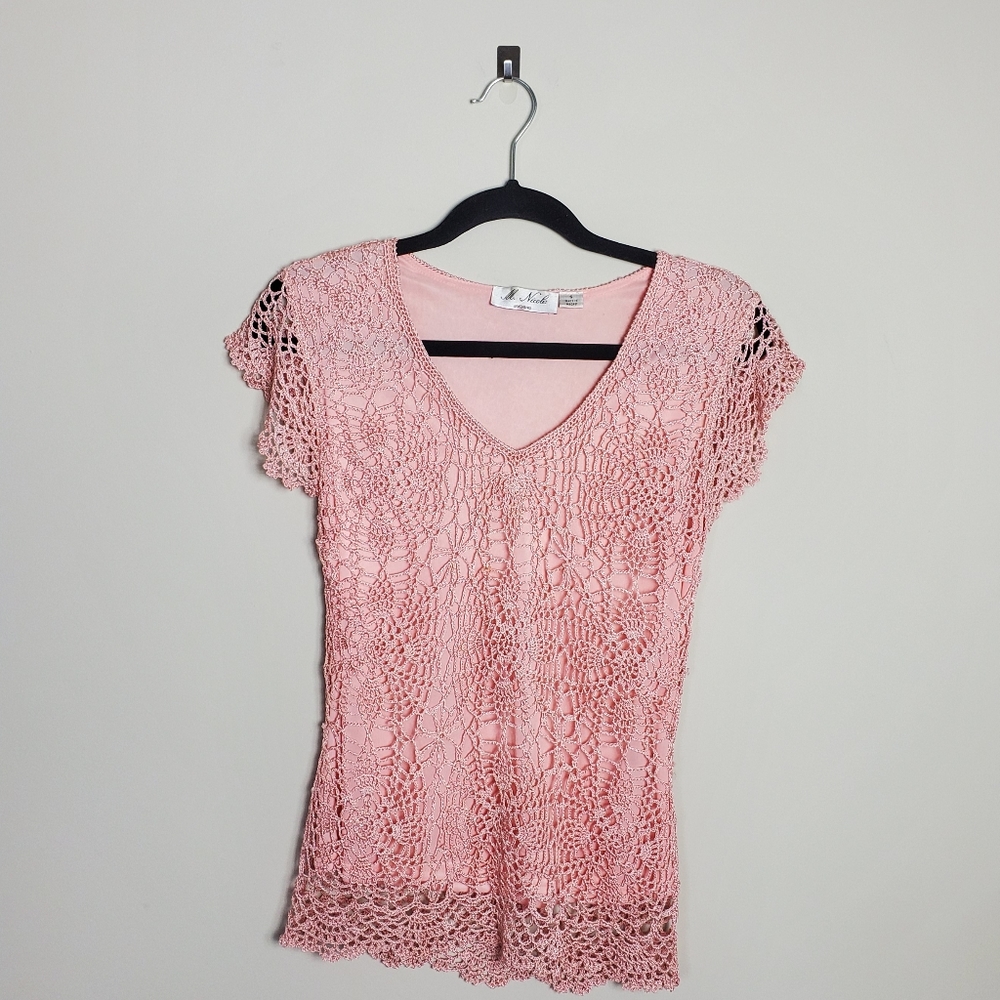 M. Nicole Evening Pink Crochet Blouse